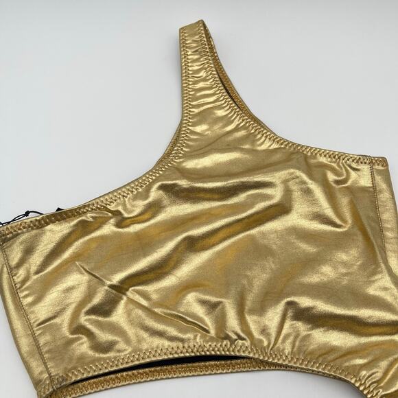 Norma Kamali | NWT Shane Metallic Gold Foil One Piece Bathing Suit Bodysuit S - Picture 11 of 13